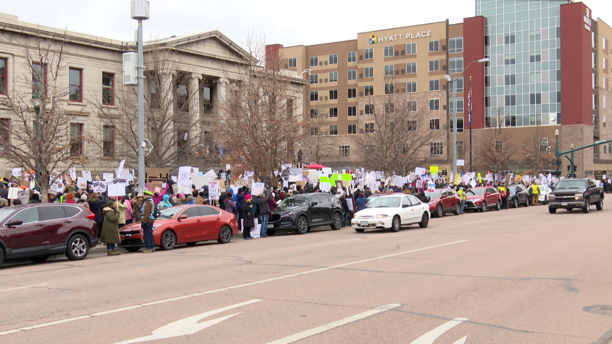 A large crowd gathered in front of Colorado Springs City Hall for the ‘Hands Off!’ protest against Trump Admin.