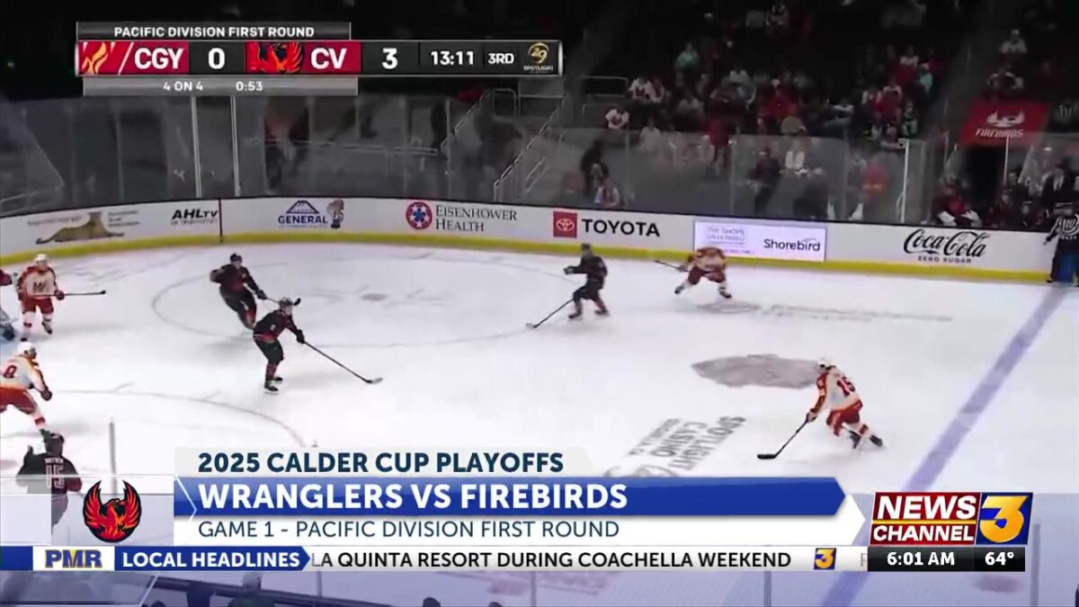 Coachella Valley Firebirds defeat Calgary Wranglers 4-3 in triple overtime of Game 1