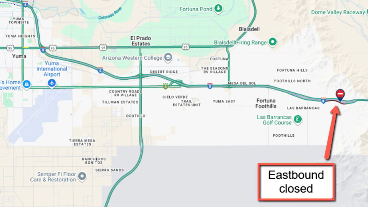 I-8 eastbound near Yuma closed due to vehicle fire