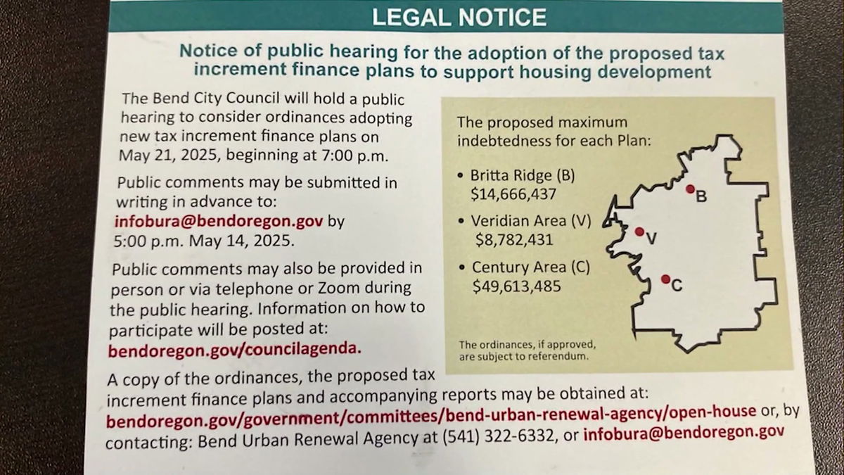 City of Bend sending out flyers asking for public opinions on possible Tax Increment Financing; City says its “not an increase in taxes”