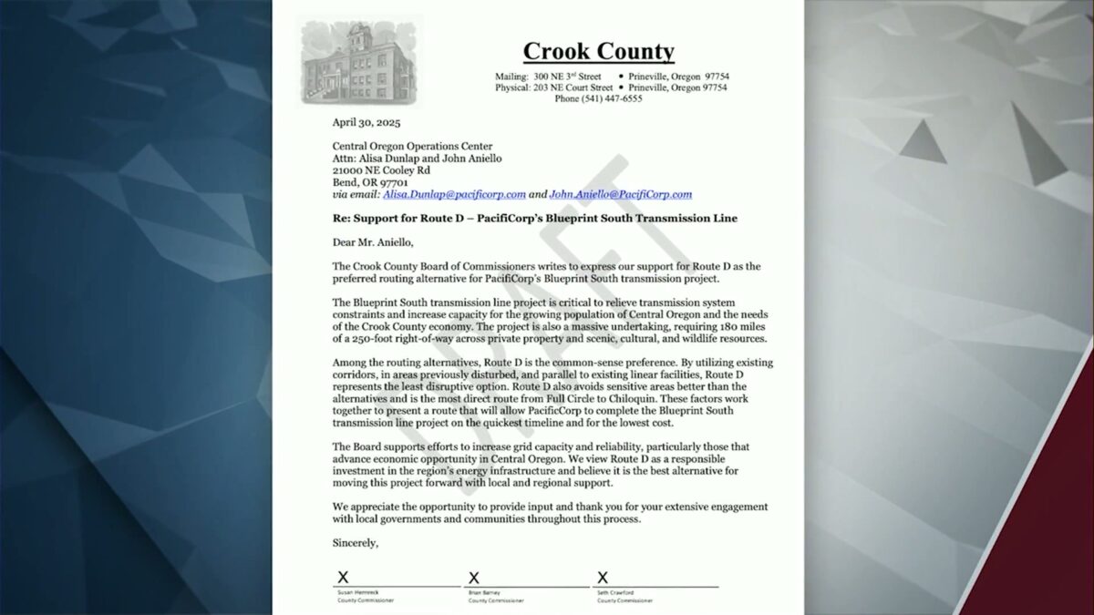 Crook County commissioners move forward with supporting Pacific Power proposed transmission line Route D