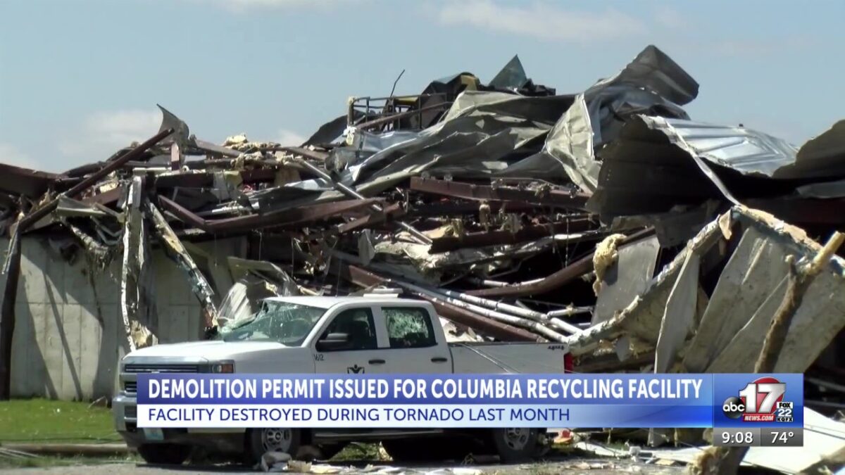 Demolition permit issued Tuesday for rest of Columbia recycling facility damaged by tornado