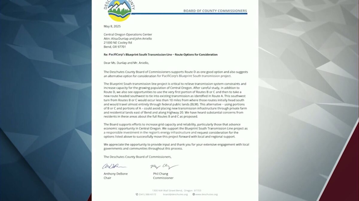 Deschutes County Commissioners urge PacifiCorp to consider Route D for transmission line