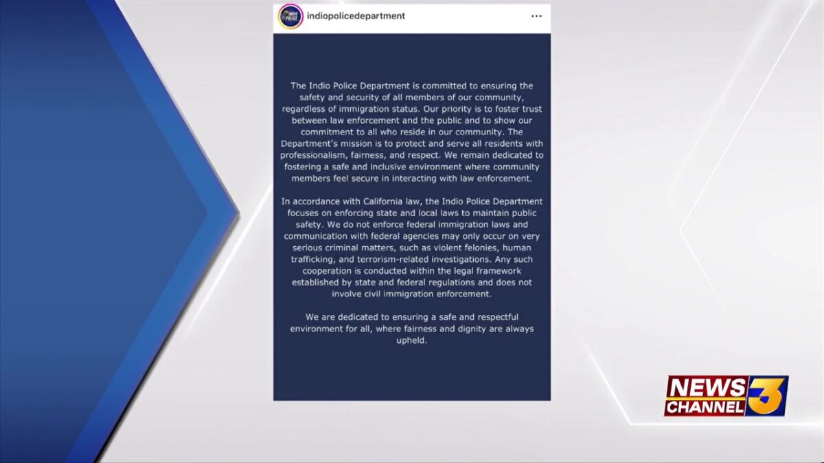 Indio Police Dept. issues message regarding its enforcement of federal immigration laws