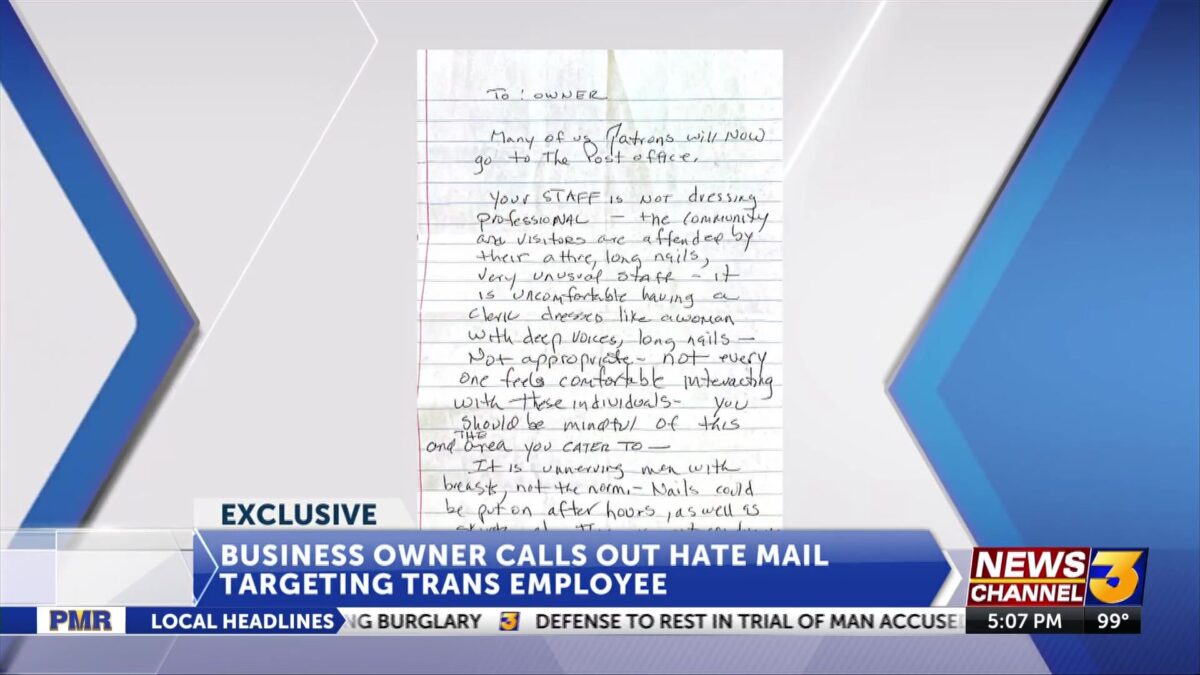 Business owner calls out hate mail targeting trans employee