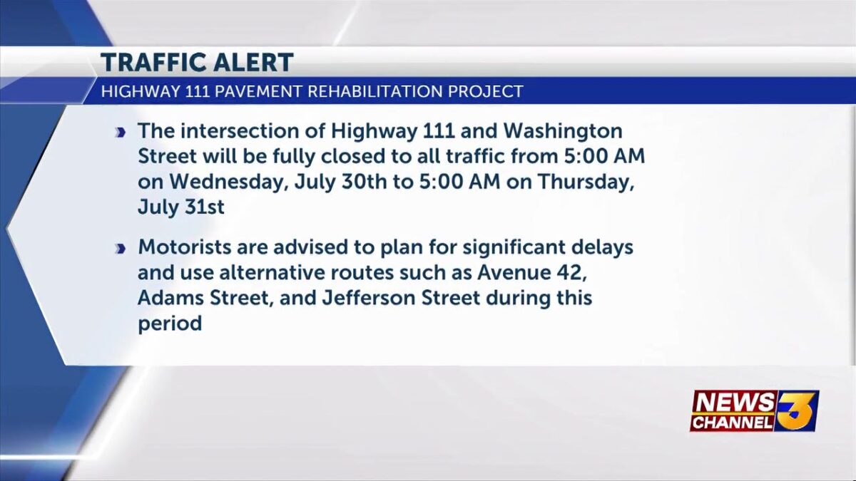 Intersection of Highway 111 and Washington St. in La Quinta to close July 30 through 31 for paving project