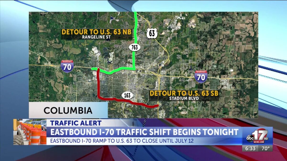 Eastbound I-70 traffic shift in Columbia to temporarily close Highway 63 exit Tuesday night