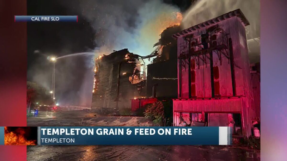 Templeton Feed & Grain catches fire and is fought all night by firefighters