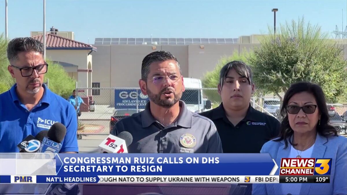 Rep. Ruiz calls for resignation of DHS secretary Noem in news conference at Adelanto ICE facility