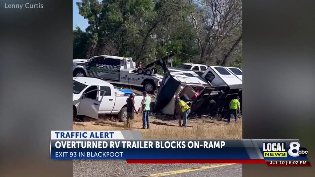 Overturned RV trailer blocks I-15 on ramp near Blackfoot
