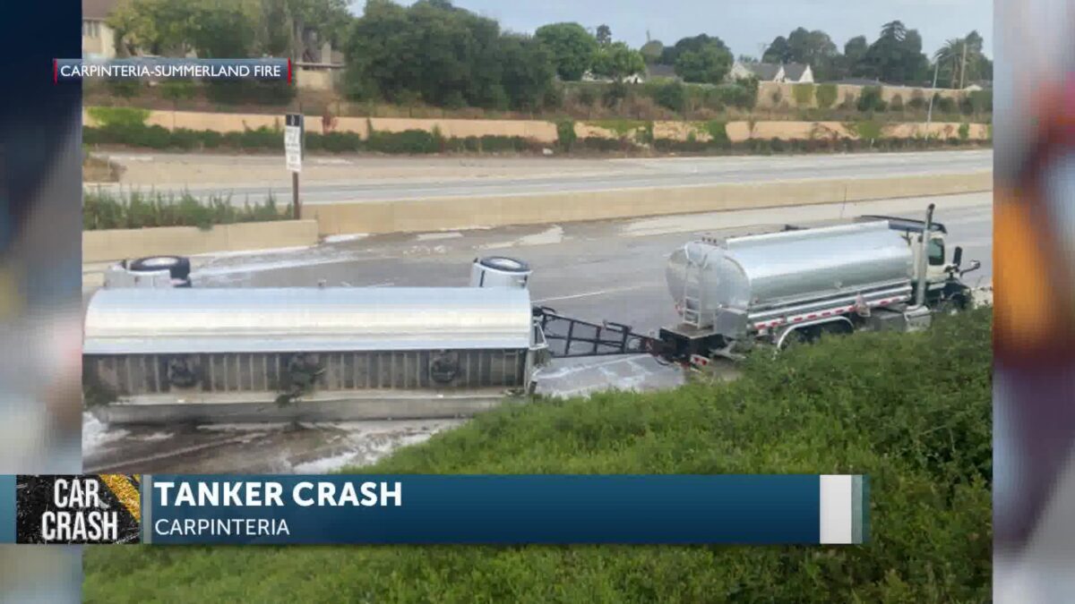 Fuel tanker overturns on Highway 101 in Carpinteria