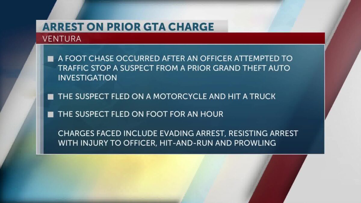 Police chase leads to man arrested over a previous Grand Theft charge in Ventura