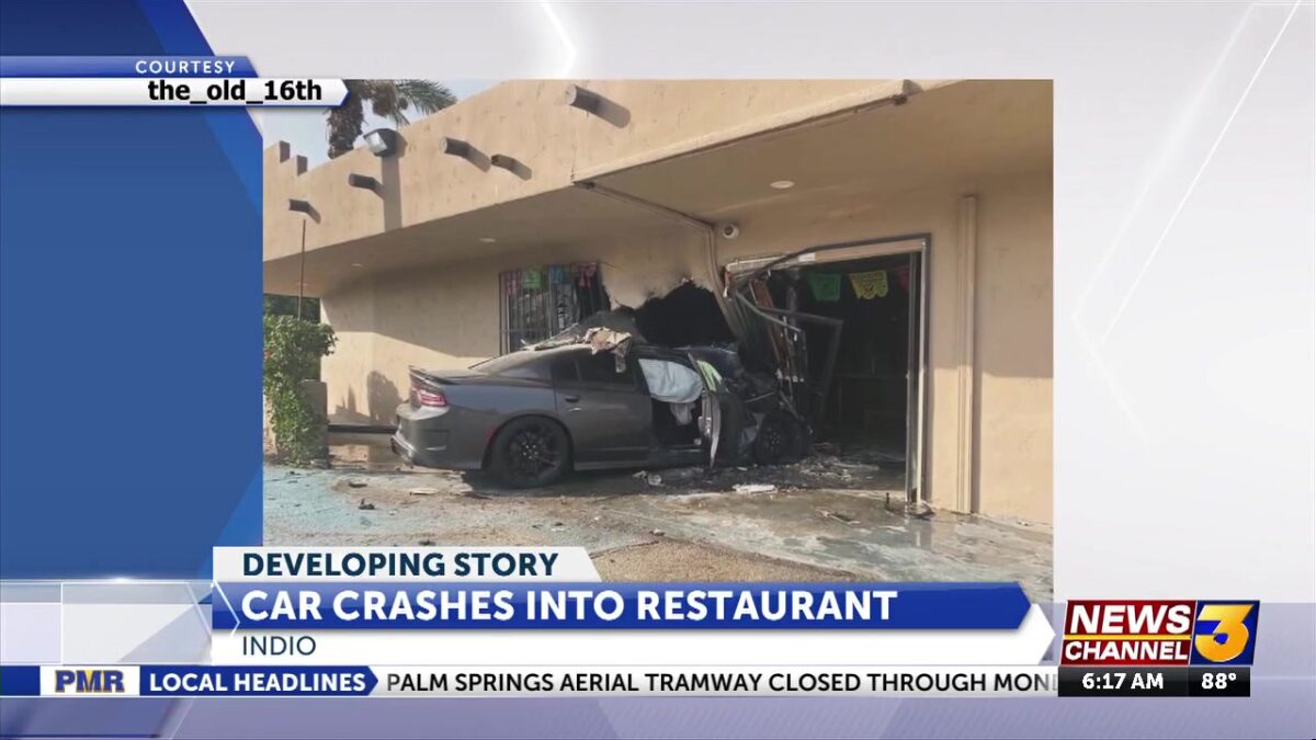 Three injured after vehicle crashes into Indio restaurant