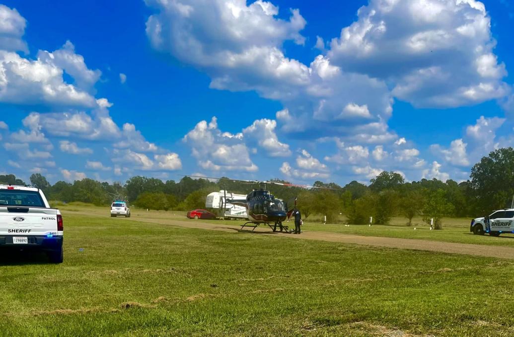 A medical helicopter arrived to take the injured man to a regional trauma center for treatment.