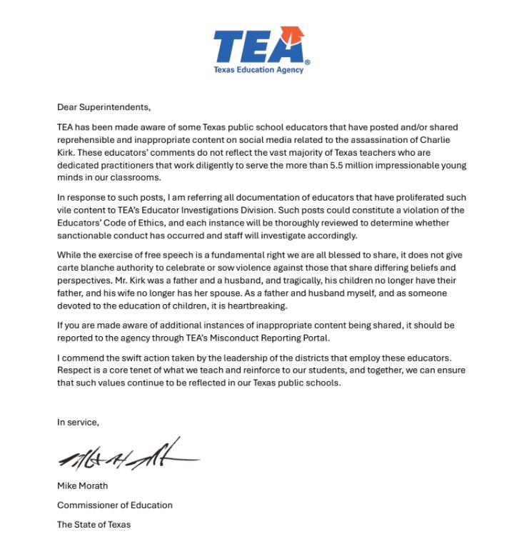 TEA addresses educator social media posts on Charlie Kirk’s death