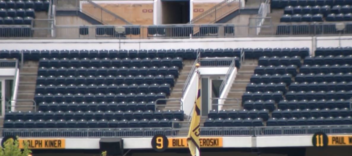 One misdemeanor count was dismissed against a man who is facing charges after his friend fell from the outfield stands at PNC Park during a Pittsburgh Pirates game in April.