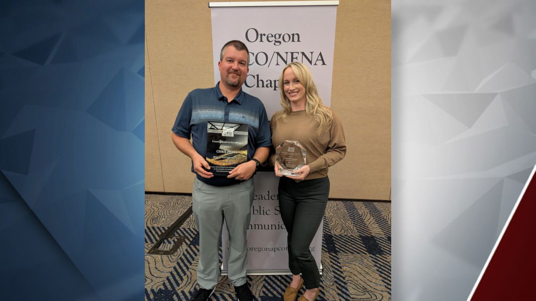 Deschutes County 9-1-1 celebrates Trinity Diggs and Chris Perry for recent state recognition