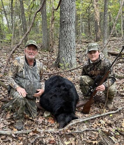 Corbin was hunting with his grandfather Robert Wallace on opening day when Corbin harvested this estimated 300 lb. boar (male bear) on private land in Douglas County (courtesy MDC).