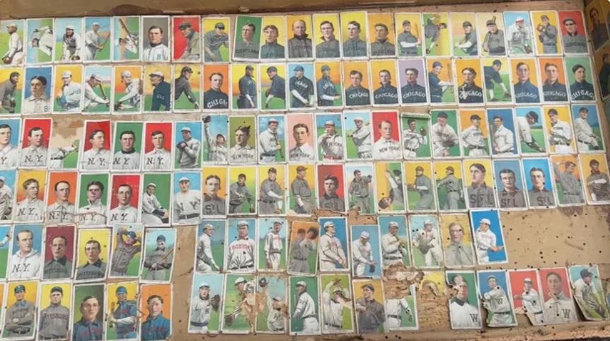 Old baseball cards glued to trunk from estate sale in Providence