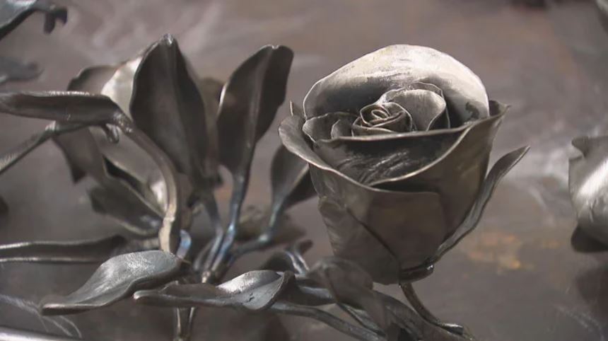A metal flower made by blacksmith Andy Good.