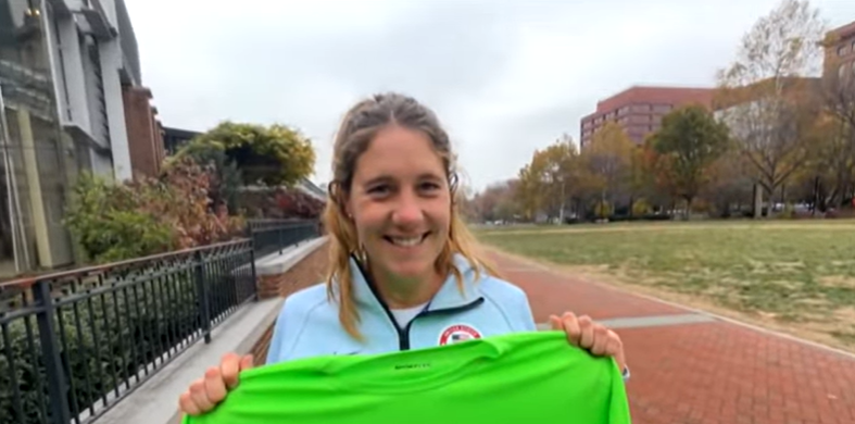 Former Olympic athlete Karlie Kisha was at Independence Mall on Friday getting her Runners for Research T-shirt
