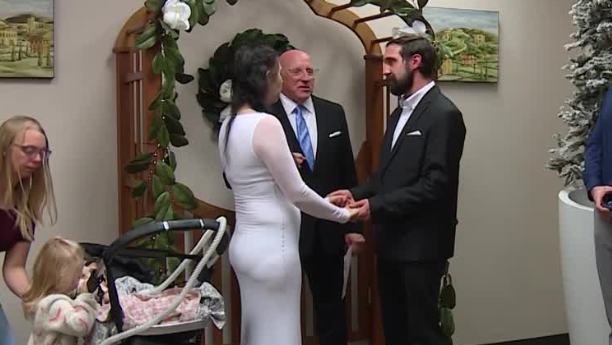 The new Mr. and Mrs. Wise exchanged vows surrounded by their sweet children. The magical night was also a miracle night because their little girl was there.