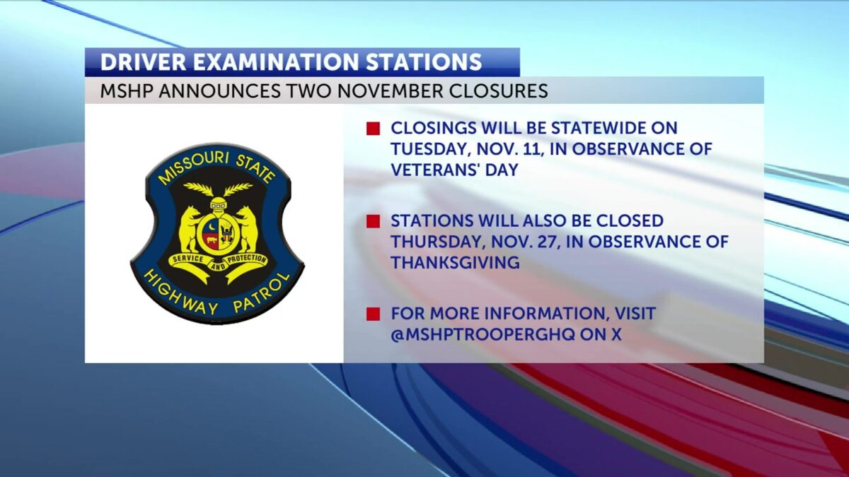 MSHP driver examination stations to be closed for November holidays
