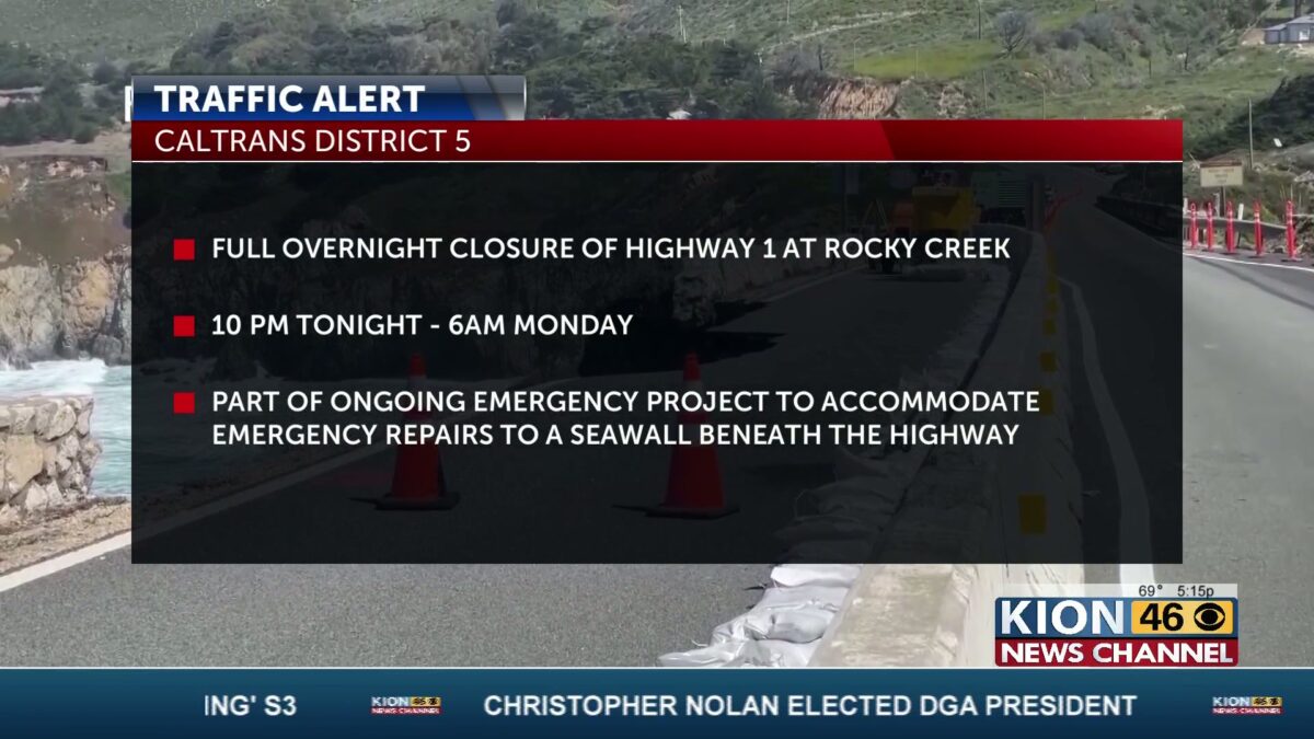 Overnight closure of Highway 1 near Rocky Creek Bridge in Big Sur