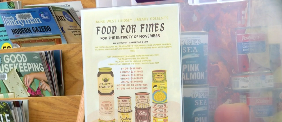 The library is hosting a "Food for Fines" fundraiser throughout November.
