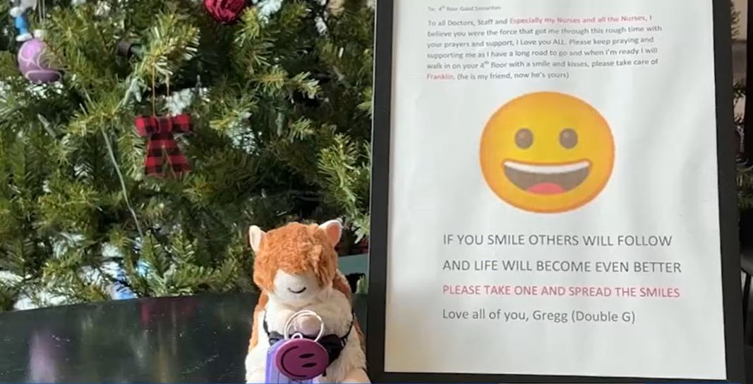 The hamster stuffed animal came with the nametag "Franklin" and was gifted to the nursing staff at the Good Samaritan Hospital oncology unit by Gregg Hunt