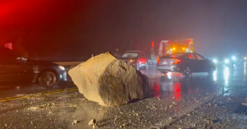 The large boulder that crashed onto Highway 18 near Big Bear Lake