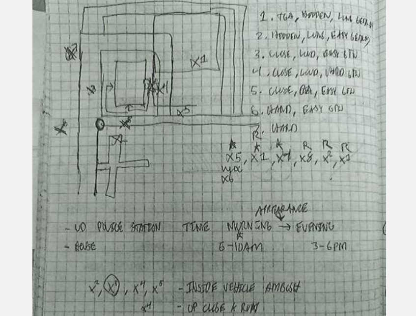 A drawing that federal prosecutors allege was part of a notebook found in Luqmaan Khan's residence. Authorities say this page included a sketch of the layout of a University of Delaware police station.