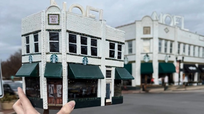 Zollinger's miniature Styrofoam recreations include Franklin Theatre and Gray's on Main.