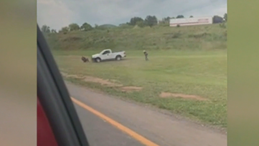 FILE - Video caught by a witness shows the driver of a white Ford F-150 attempting to run over a man on the side of the road in Asheville. The driver hits the man's cart instead