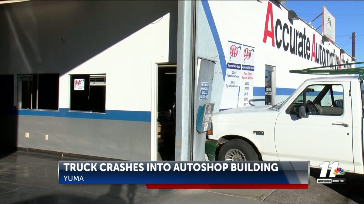 Truck crash into auto shop building in Yuma