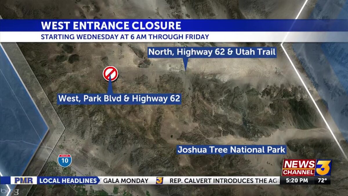 West entrance at Joshua Tree National Park to close Wednesday through Friday