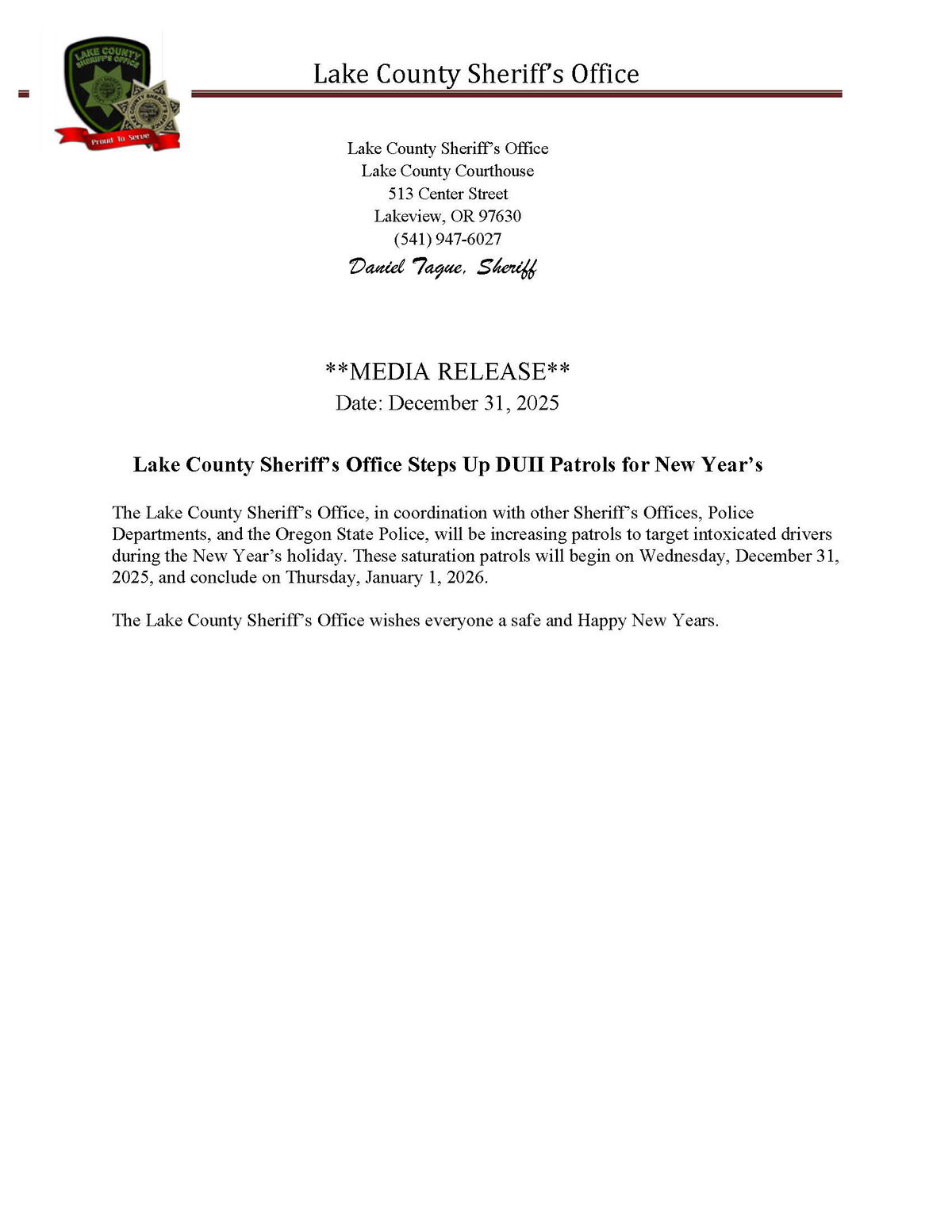 Increased DUII patrols during New Year’s holiday