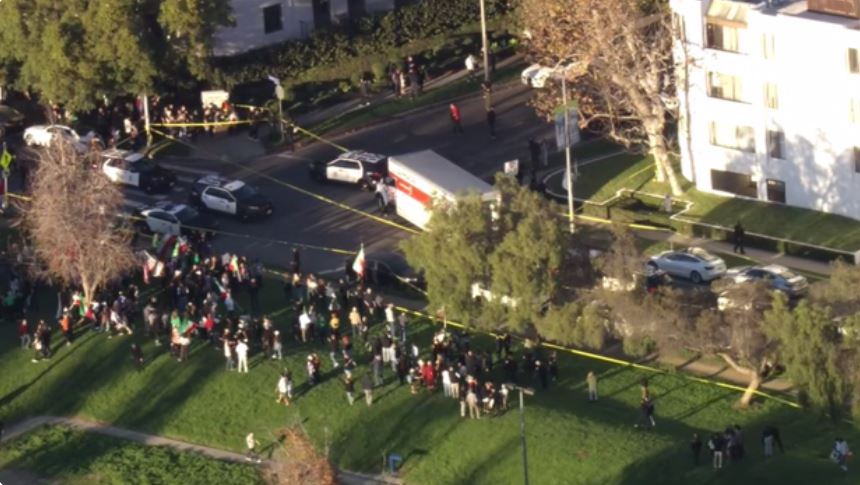 The U-Haul truck that was allegedly driven into a crowd during an anti-Iranian regime rally in Westwood on Sunday