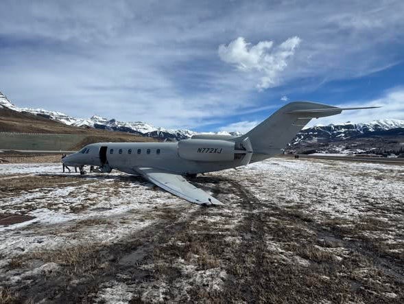 Three people who were on a mid-sized business jet that was landing at a western Colorado airport are unharmed after the plane skidded 300 yards off the runway. It happened at 12:15 p.m. at the Telluride Regional Airport