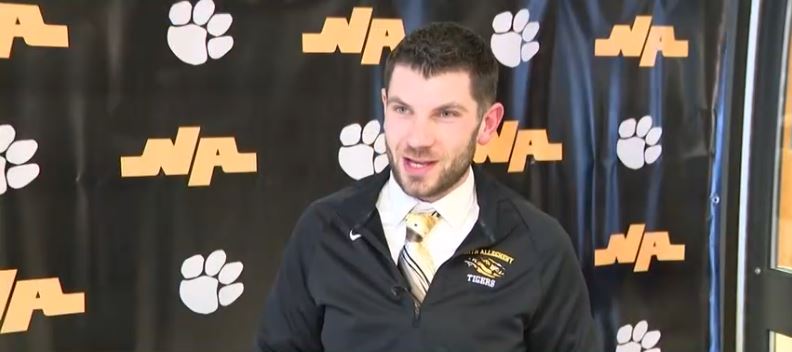North Allegheny High School tech-ed teacher Justin Karolski was the lucky fan who caught the final missed field goal by Ravens kicker Tyler Loop.