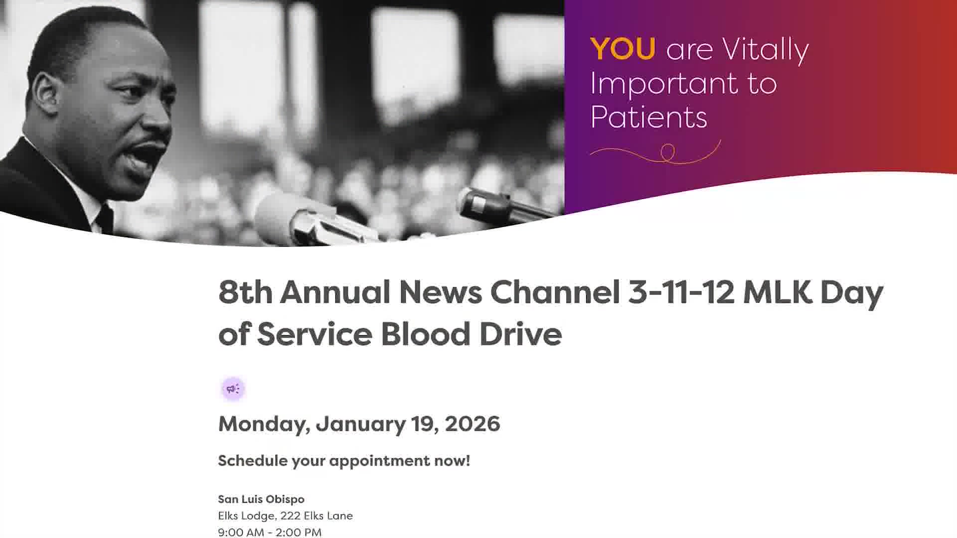 Upcoming News Channel 3-12 MLK Day of Service Blood Drive looking to help boost local supplies