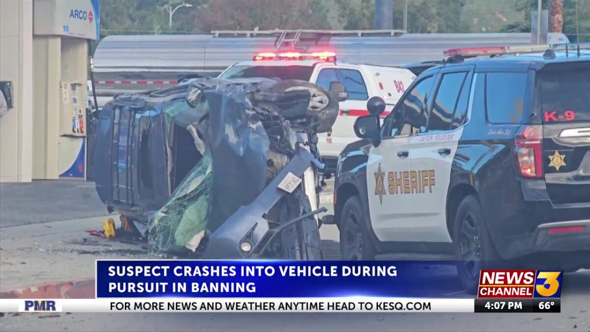 Suspect crashes into vehicle during pursuit in Banning