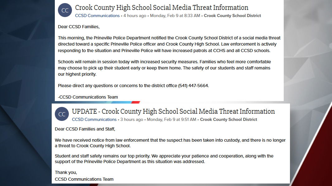 Prineville police take man into custody after social media threats prompt Crook County schools alert