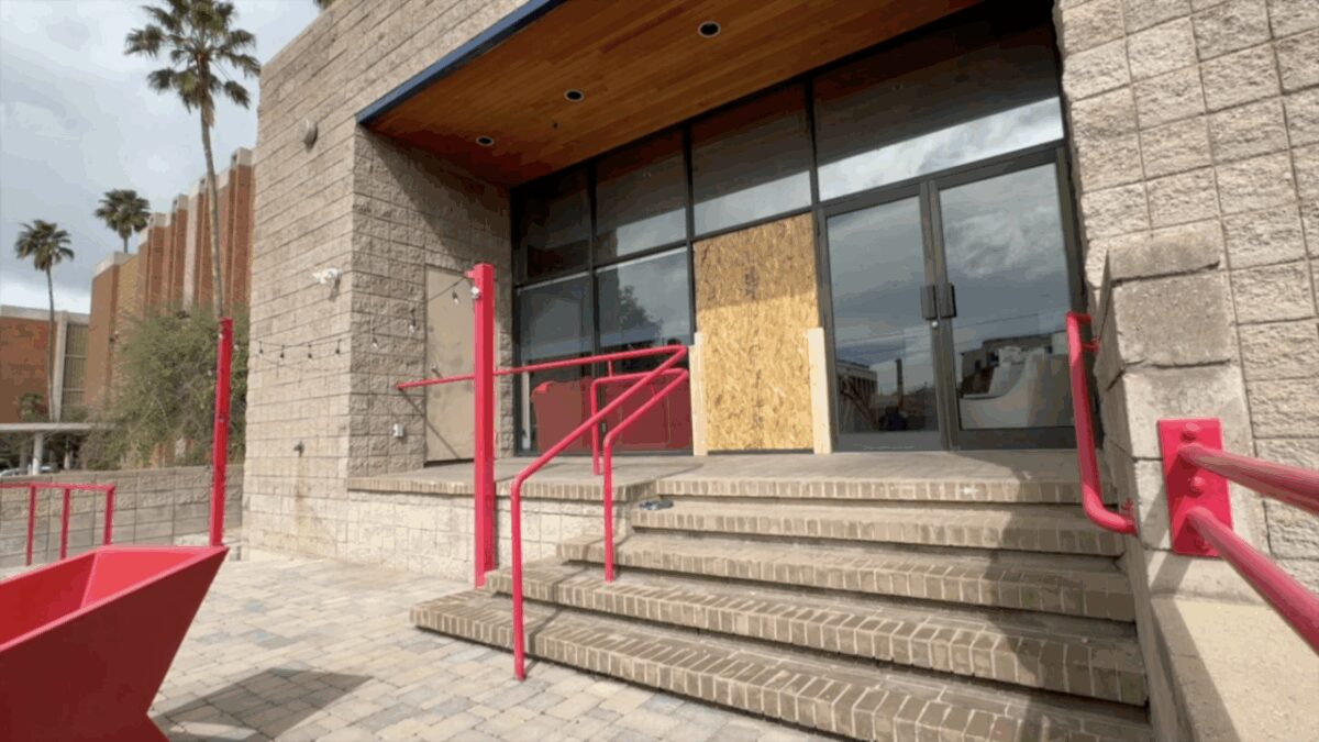 A window at the University of Arizona Hillel building was cracked early Saturday morning after an object struck it