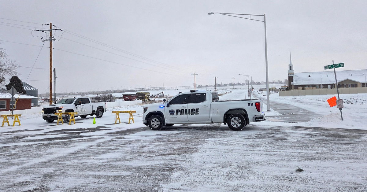 Snowdrifts close University Boulevard in Rexburg