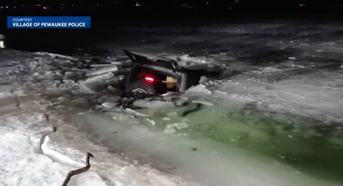 A 58-year-old man escaped unharmed Saturday night after his SUV fell through the ice on Pewaukee Lake near the Maple Road boat launch
