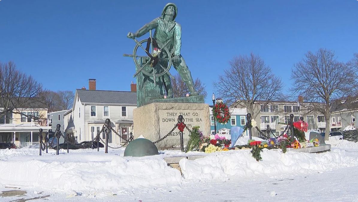 Flowers placed at the Fisherman's Memorial in Gloucester