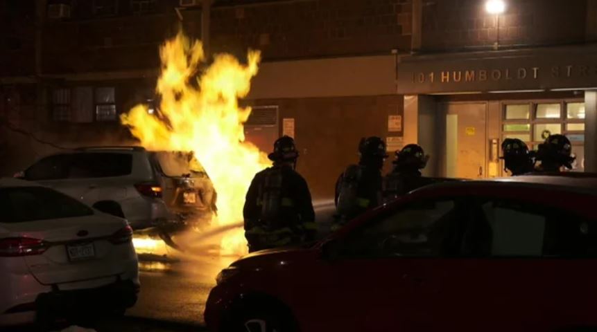 The dramatic scene started just before 3:30 a.m. on Humboldt Street in Williamsburg. Video shows firefighters battling the flames shooting up out of the ground
