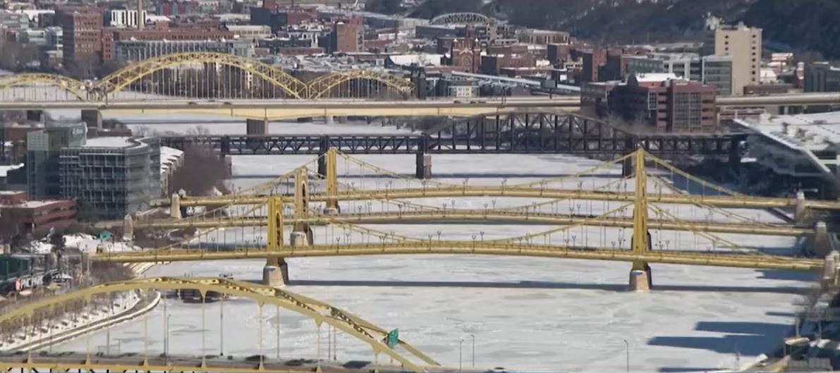 Ice covering Pittsburgh’s three rivers causes extra work for the Army Corps of Engineers as they try to keep barge traffic moving. Most years