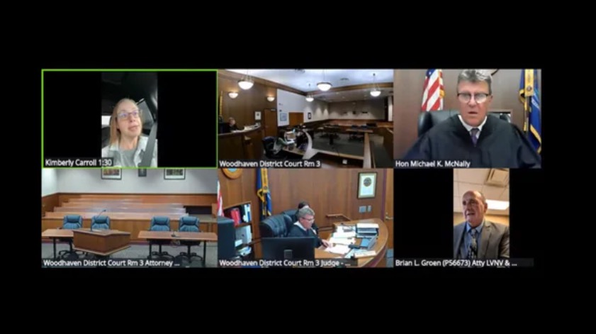 A screen image is pictured from a virtual court hearing on March 23